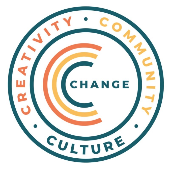 A circular logo with the word 'CHANGE' in the center. Surrounding it are three curved lines forming a partial 'C' shape in orange, yellow, and teal. Around the outer circle are the words 'CREATIVITY,' 'COMMUNITY,' and 'CULTURE' in uppercase letters, separated by small dots. 'CREATIVITY' and 'CULTURE' are in teal, and 'COMMUNITY' is in orange.