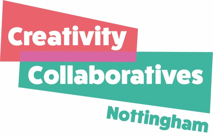 Graphic with the text 'Creativity Collaboratives Nottingham.' 'Creativity' appears in bold white letters on a red background, 'Collaboratives' on a teal background, and 'Nottingham' slightly tilted on a separate teal background below.