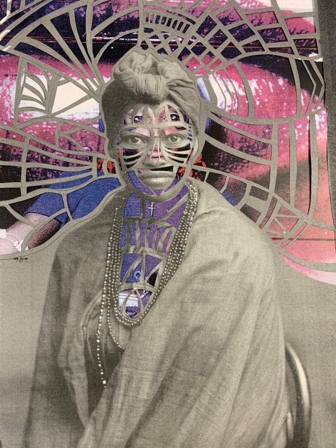 A grayscale photo of a person wearing a headscarf and draped clothing, adorned with multiple strands of beads around the neck. The face and upper body are overlaid with vivid, stained-glass-like geometric patterns in purple, blue, and pink. The background also features similar colorful geometric designs.