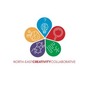 "Logo for the North-East Creativity Collaborative featuring five colorful petals arranged in a circular pattern. Each petal contains a unique icon: yellow with two hands shaking, blue with a brain and question mark, red with a magnifying glass, green with a hand holding a pencil, and purple with puzzle pieces fitting together. Below the petals is the text 'NORTH-EAST CREATIVITY COLLABORATIVE,' with 'CREATIVITY' in red and the rest in black.