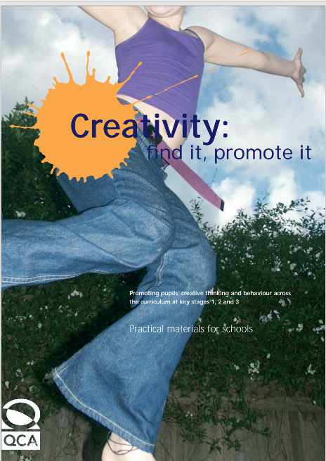 A person in a purple tank top and blue jeans is mid-jump against a cloudy sky. An orange paint splatter graphic overlays the image, featuring the word 'Creativity:' in bold blue text, followed by the phrase 'find it, promote it' in smaller blue text